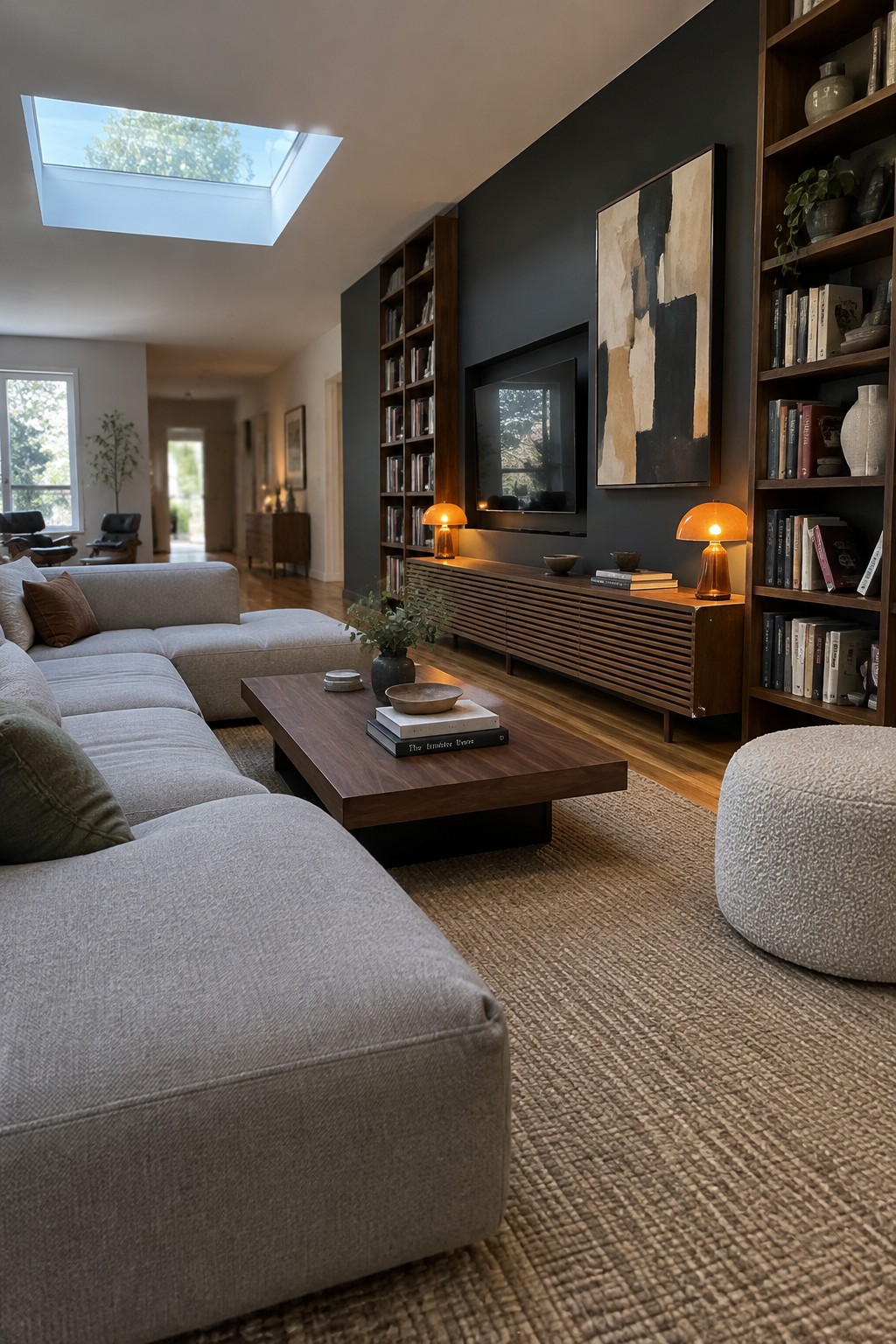 A gray L-shaped sectional faces a television and wood media console in a living room with built-in bookshelves.