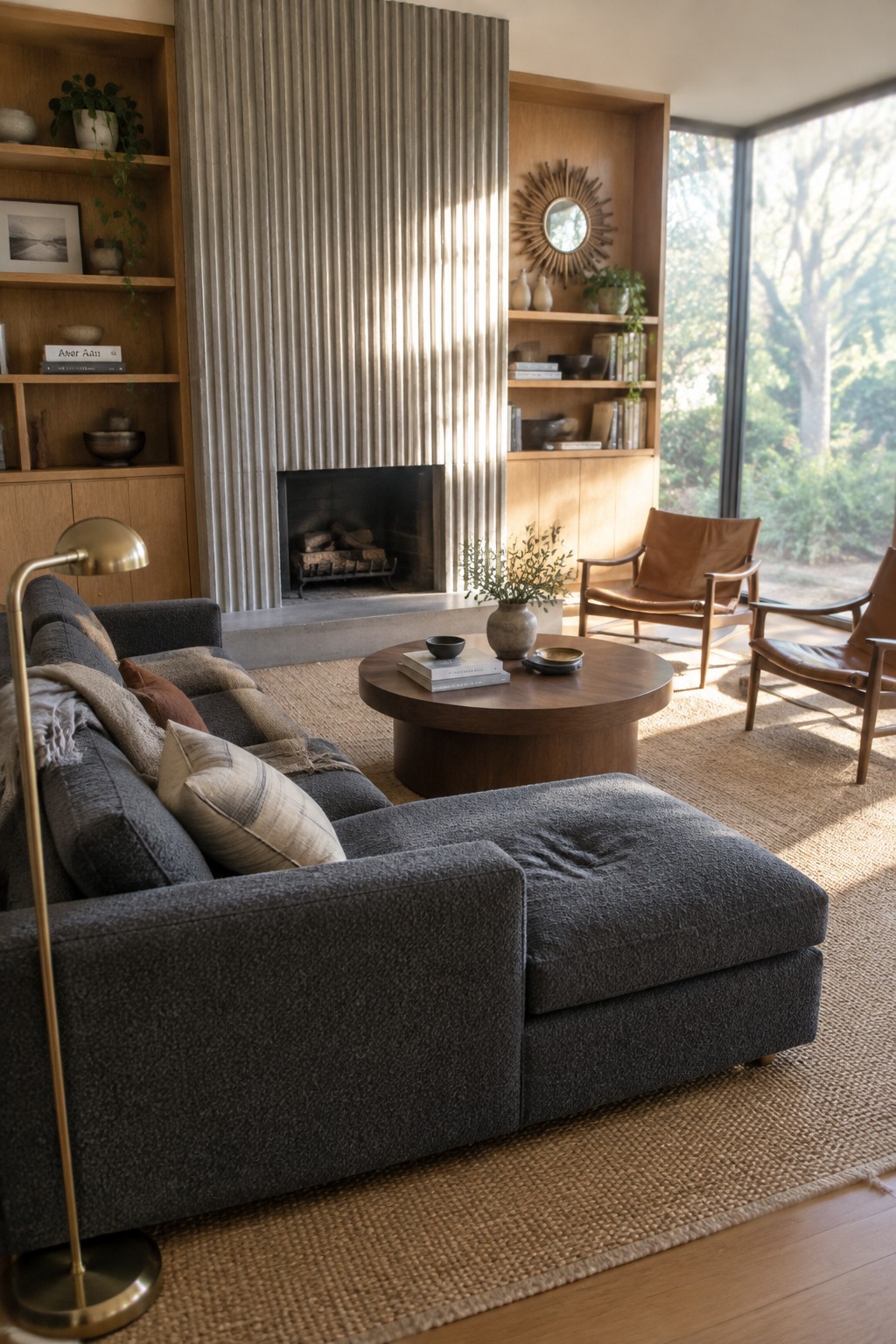 A charcoal sectional faces a fireplace with a fluted stone surround, built-in wood shelves, a round coffee table, and leather lounge chairs.