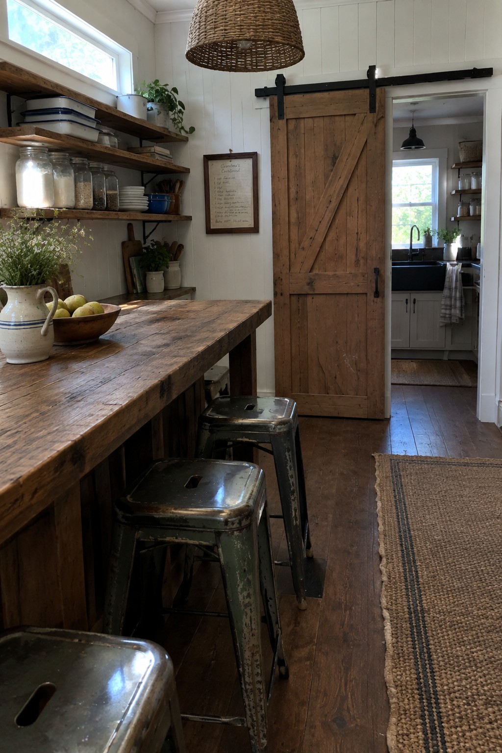 A rustic kitchen with a long reclaimed wood table, metal stools, open shelves, and a sliding barn door.