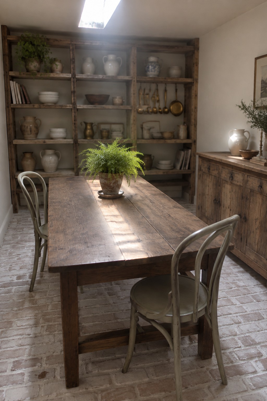 A rustic dining room with a long wooden table, pale chairs, and open wooden shelves displaying dishes and pottery.