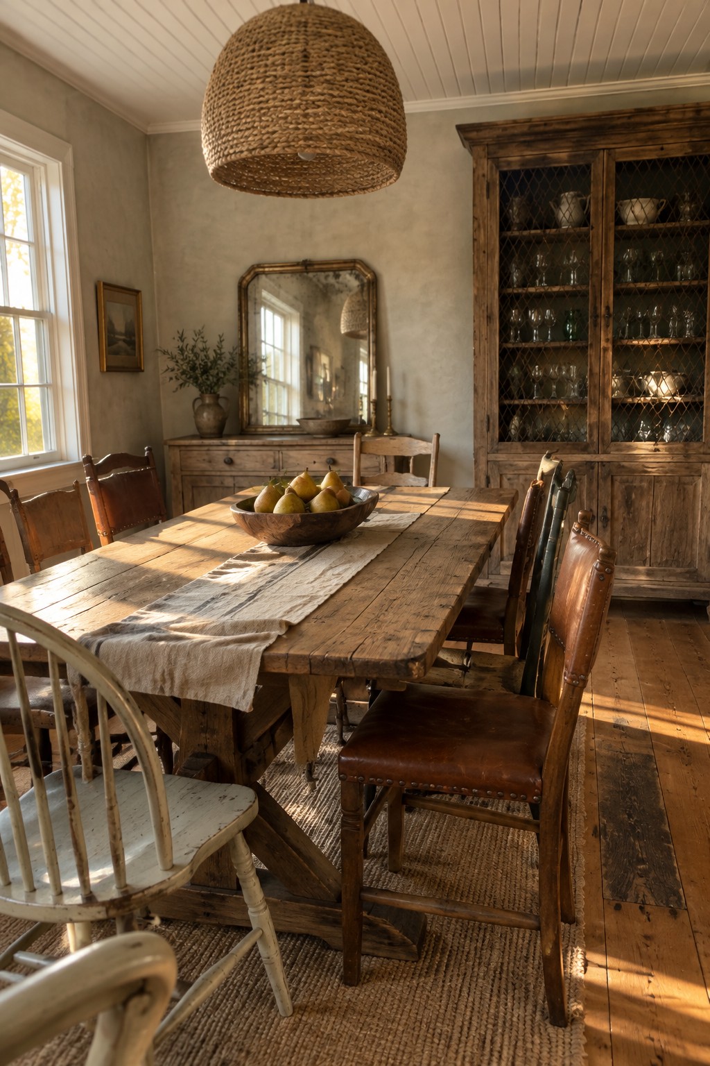 A long reclaimed wood dining table with a fabric runner and fruit bowl, surrounded by mismatched chairs.
