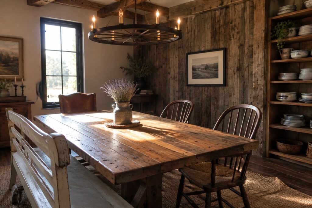 A long reclaimed wood dining table with a white bench and wooden chairs sits beneath a circular iron chandelier.