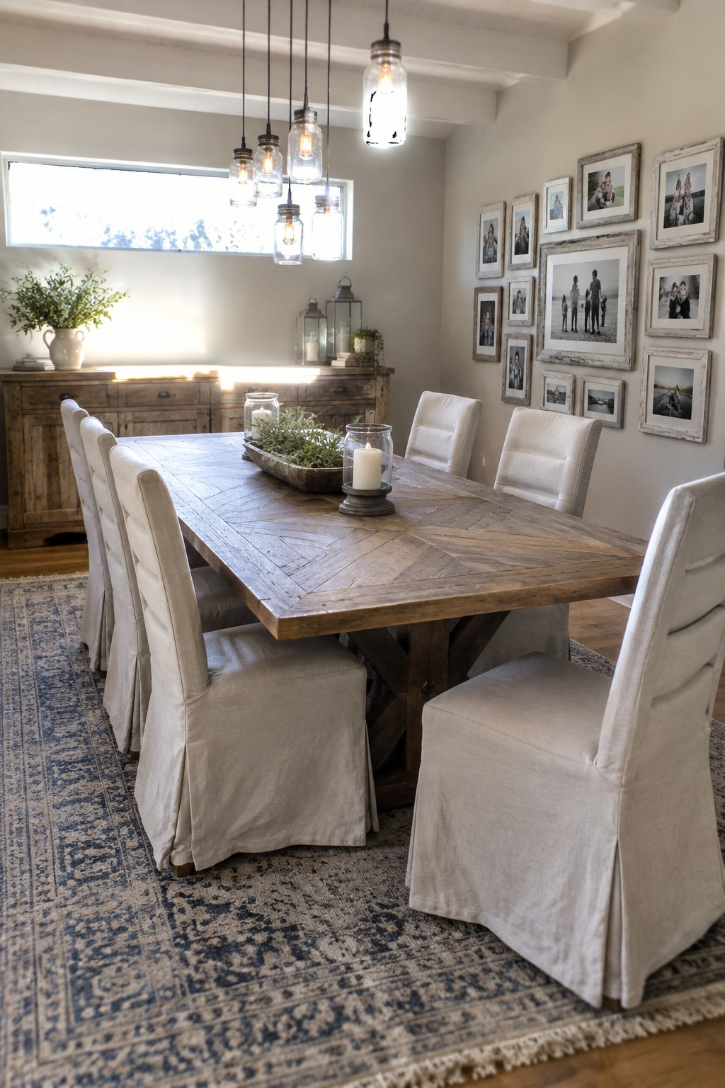 A long reclaimed wood dining table with white slipcovered chairs sits on a patterned rug beneath glass pendant lights.