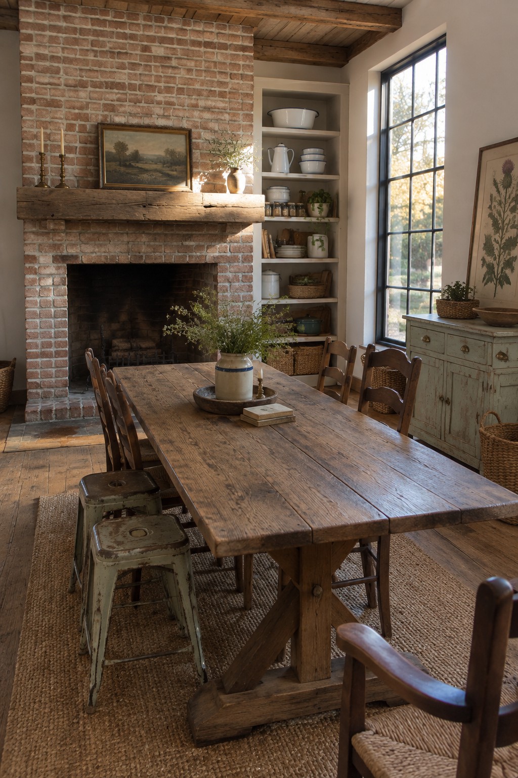 A long reclaimed wood dining table with chairs and metal stools sits in a room with a brick fireplace and built-in shelves.