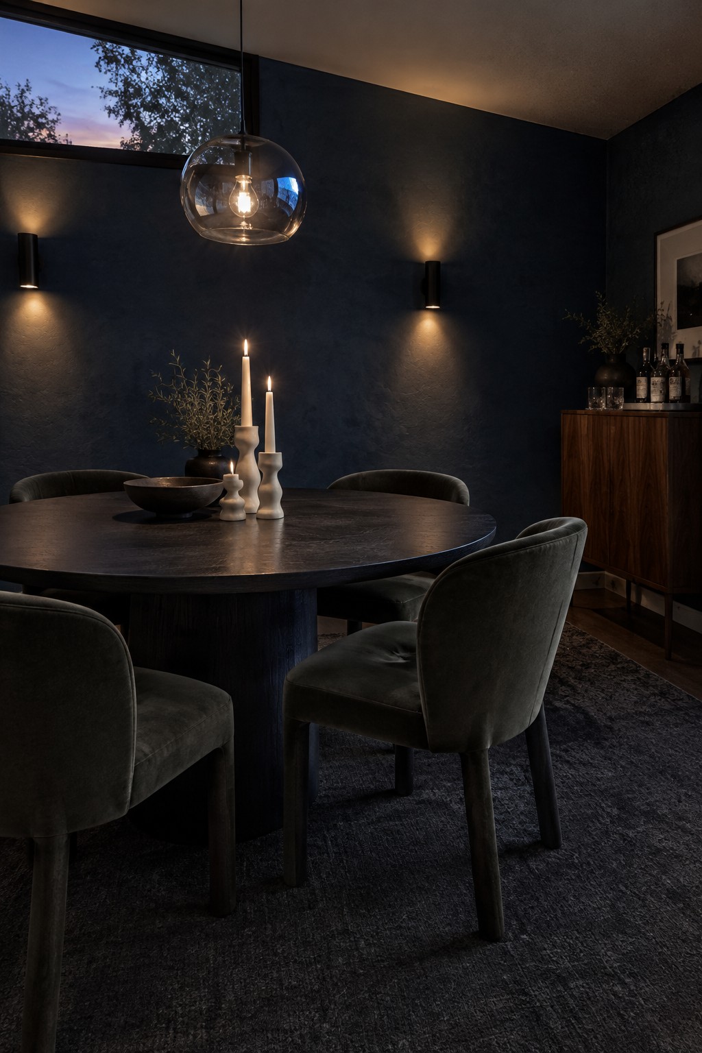 A dark round dining table with upholstered chairs sits in a dim room with deep blue walls and a glass pendant light.