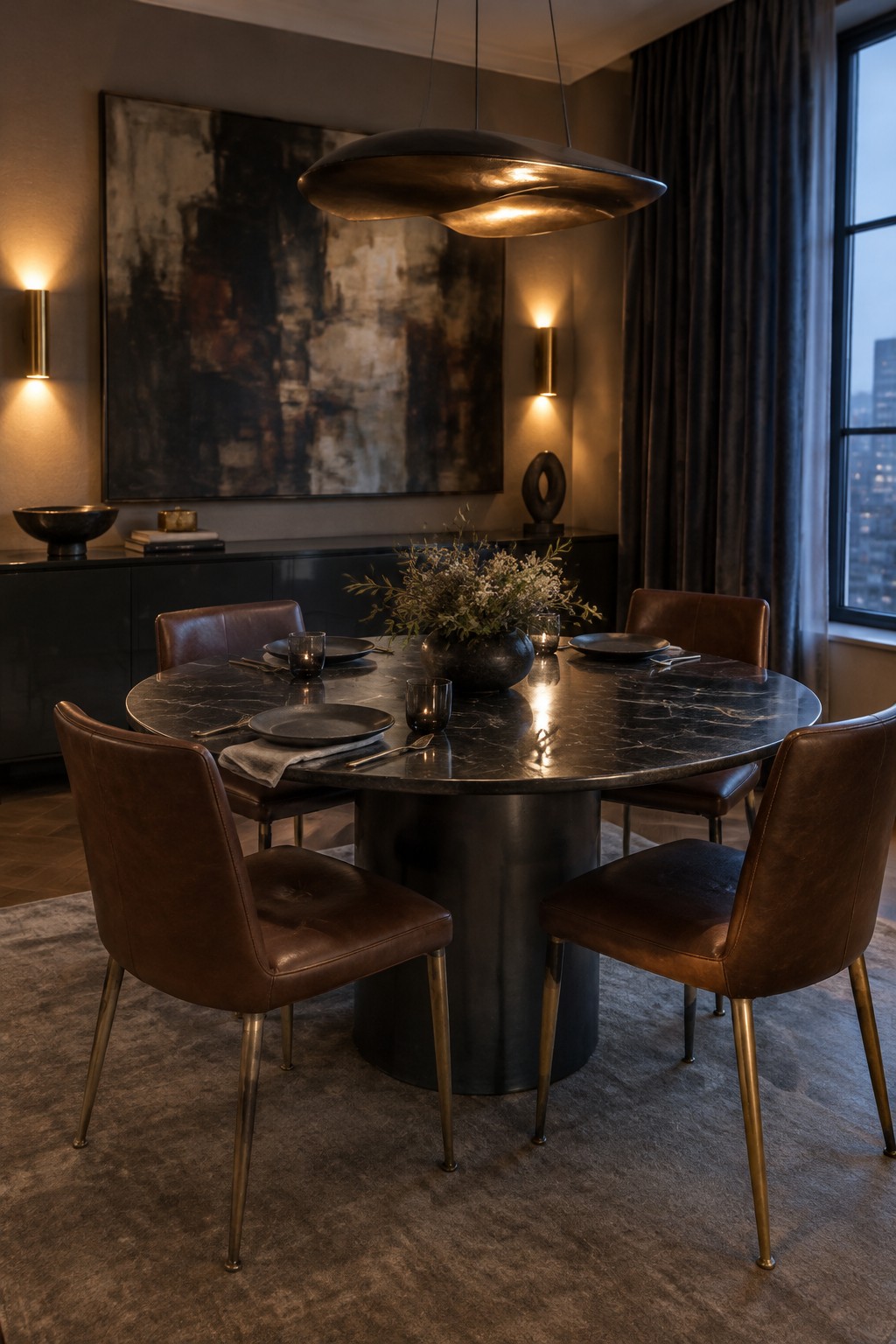 A dark round stone dining table with brown leather chairs, set with plates and a flower arrangement.