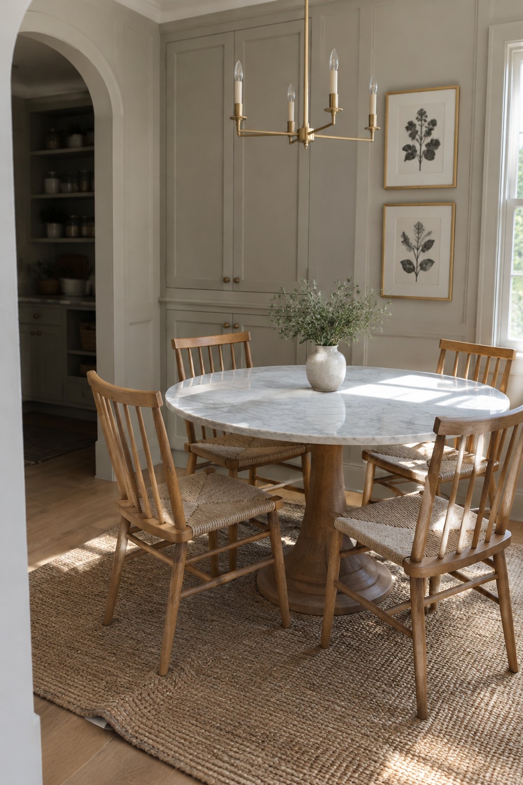 A round marble-top dining table with a wooden pedestal base and four spindle-back chairs sits on a woven rug.