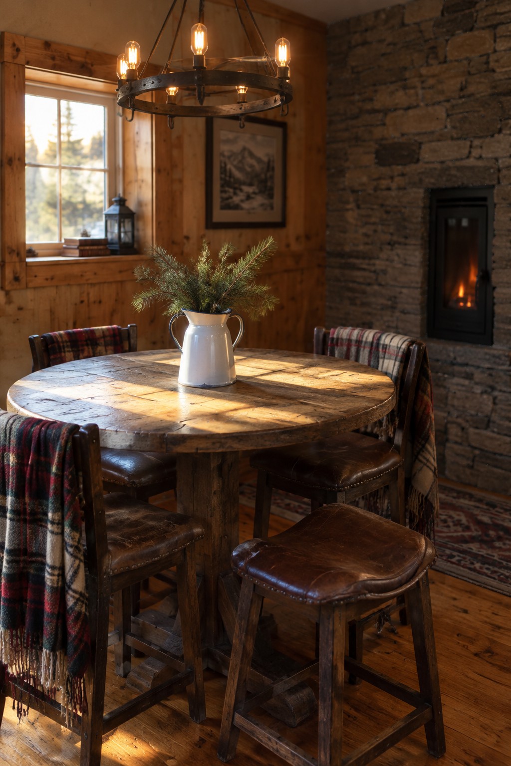 A round wooden dining table with a white pitcher of evergreen branches, surrounded by dark chairs with plaid blankets.