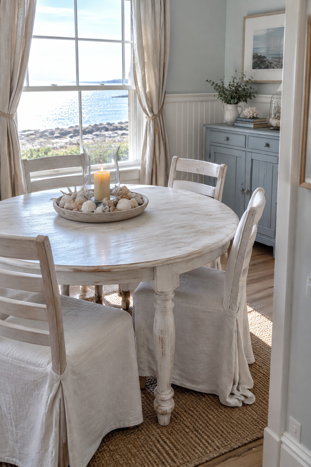 A round whitewashed dining table with linen-covered chairs sits beside a large window overlooking the water.