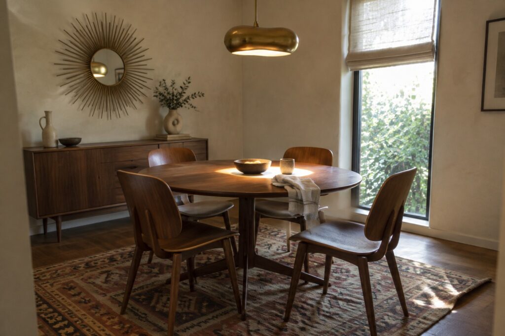 A round wooden dining table with a pedestal base and four chairs sits on a patterned rug in a dining room.