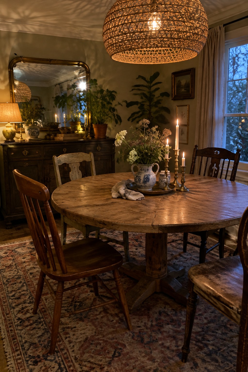 A round wooden dining table surrounded by mismatched chairs in a warm dining room.