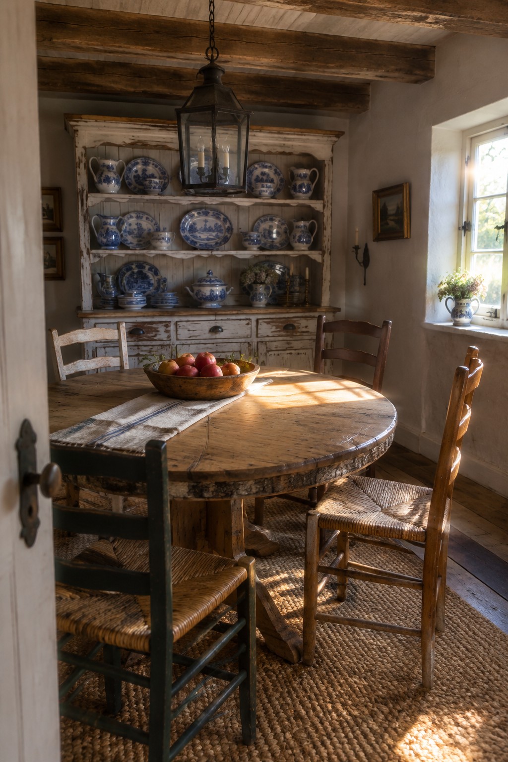 A round wooden dining table with a bowl of apples sits among wooden chairs in a rustic dining room.