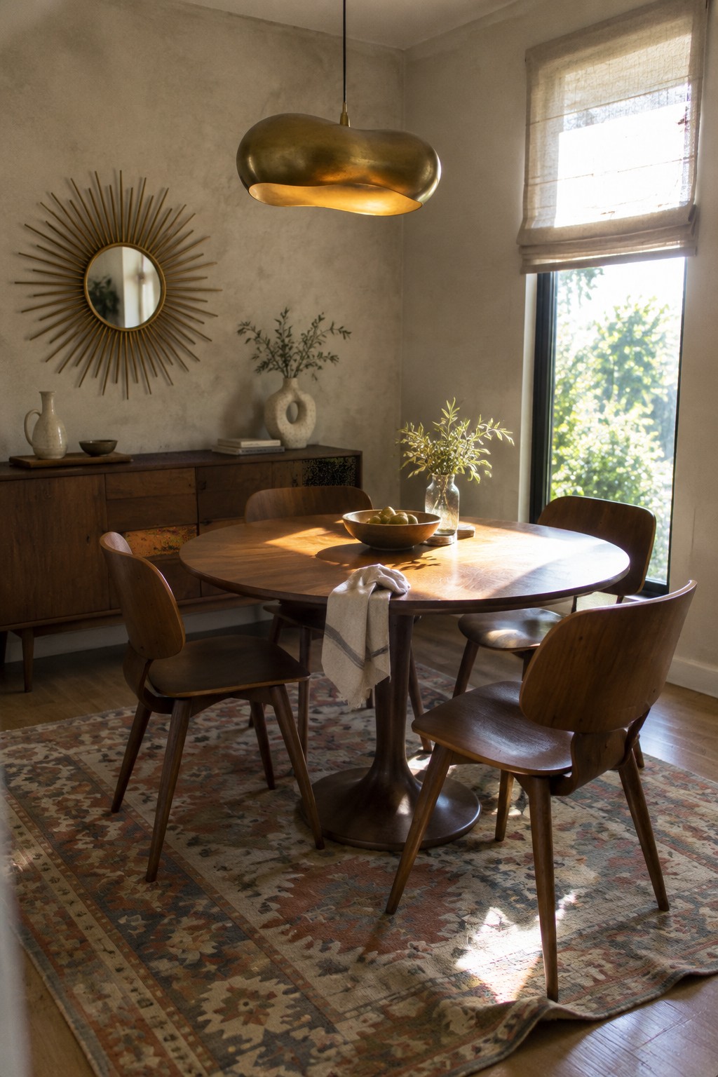 A round wooden dining table with a pedestal base and four chairs sits on a patterned rug in a dining room.