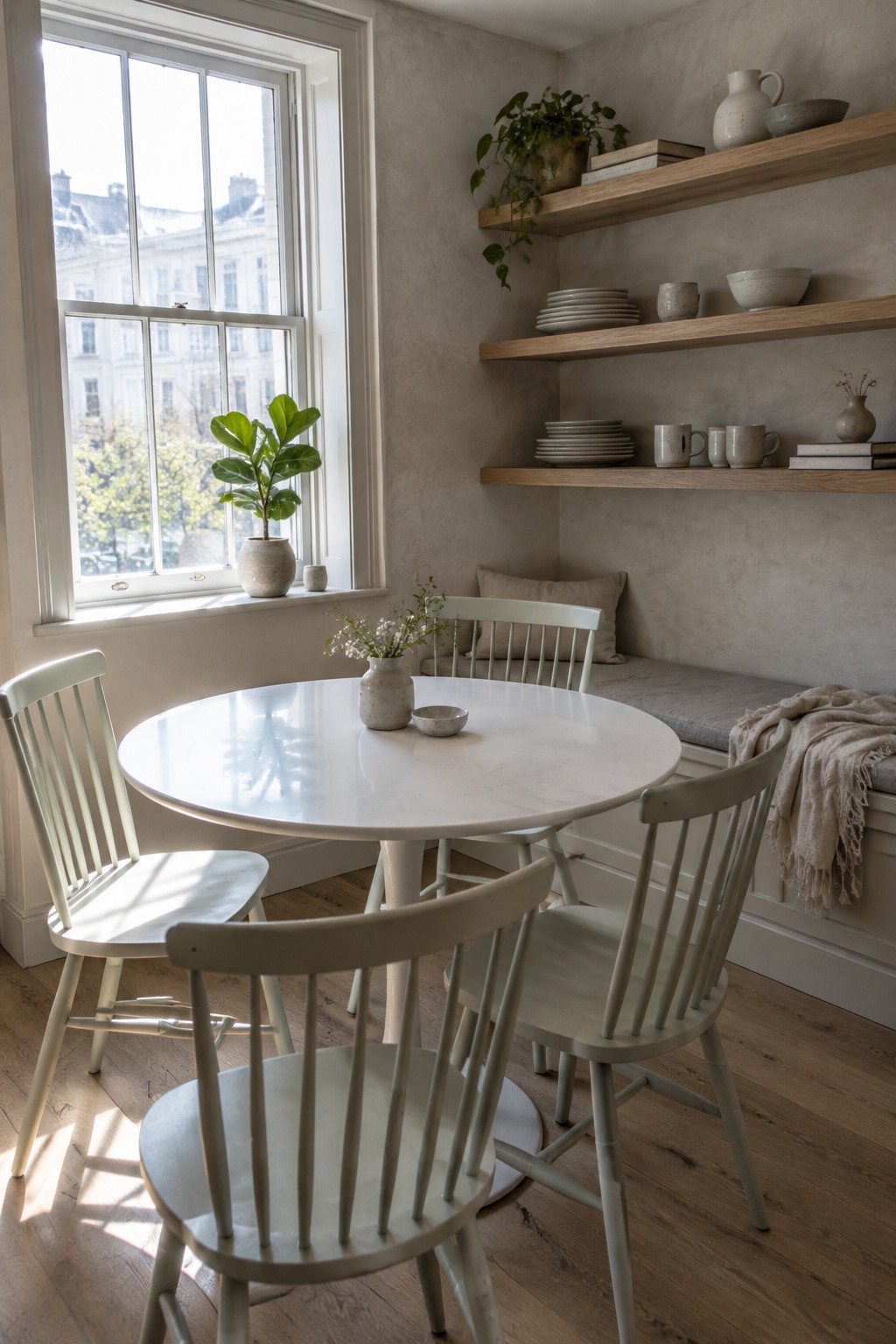 A round white dining table and spindle-back chairs sit in a small nook beside a window and built-in bench.