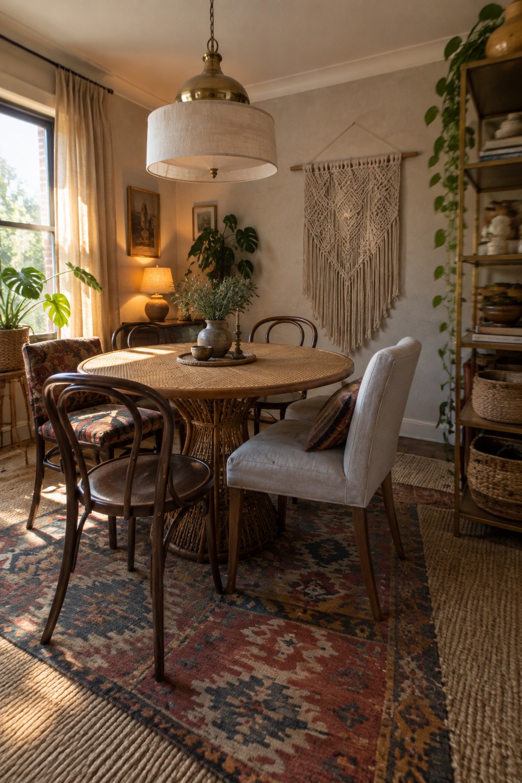 A round woven-top dining table sits on a patterned rug with curved wooden chairs and an upholstered chair.
