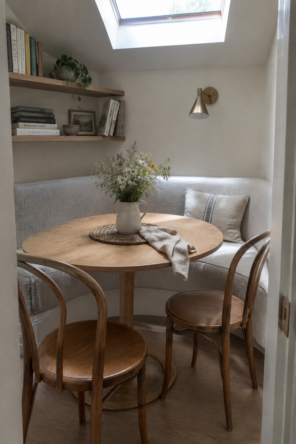 A round wooden table sits in front of a curved upholstered banquette in a small dining nook.