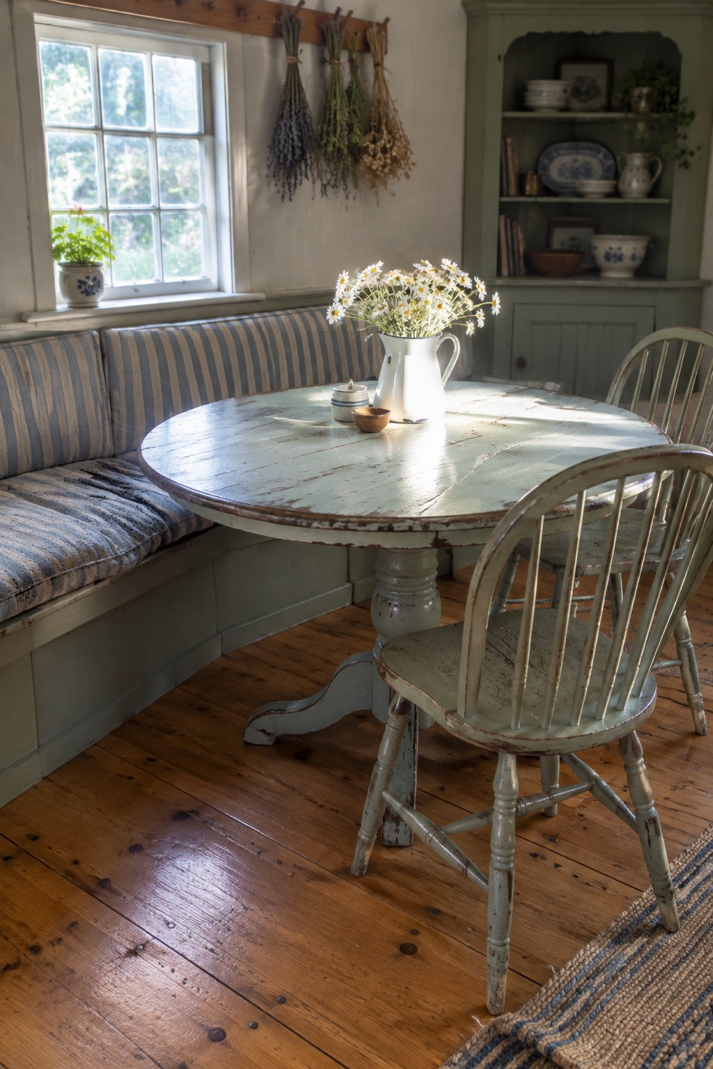 A pale round dining table sits beside a blue-striped built-in bench in a cottage kitchen.