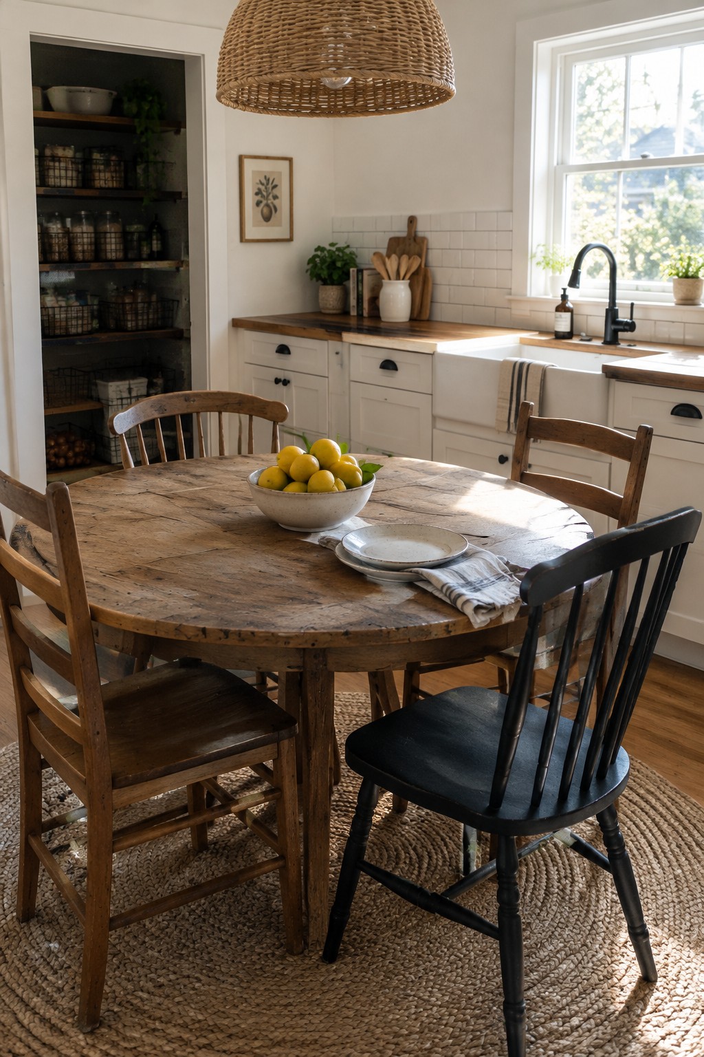 A round wooden dining table with wooden and black chairs, a bowl of lemons, and a woven rug in a bright kitchen.