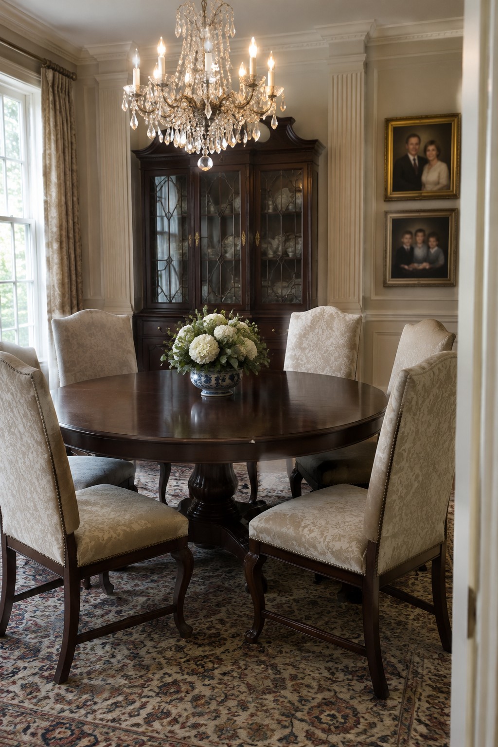 A round dark wood dining table with upholstered chairs sits beneath a crystal chandelier in a traditional dining room.