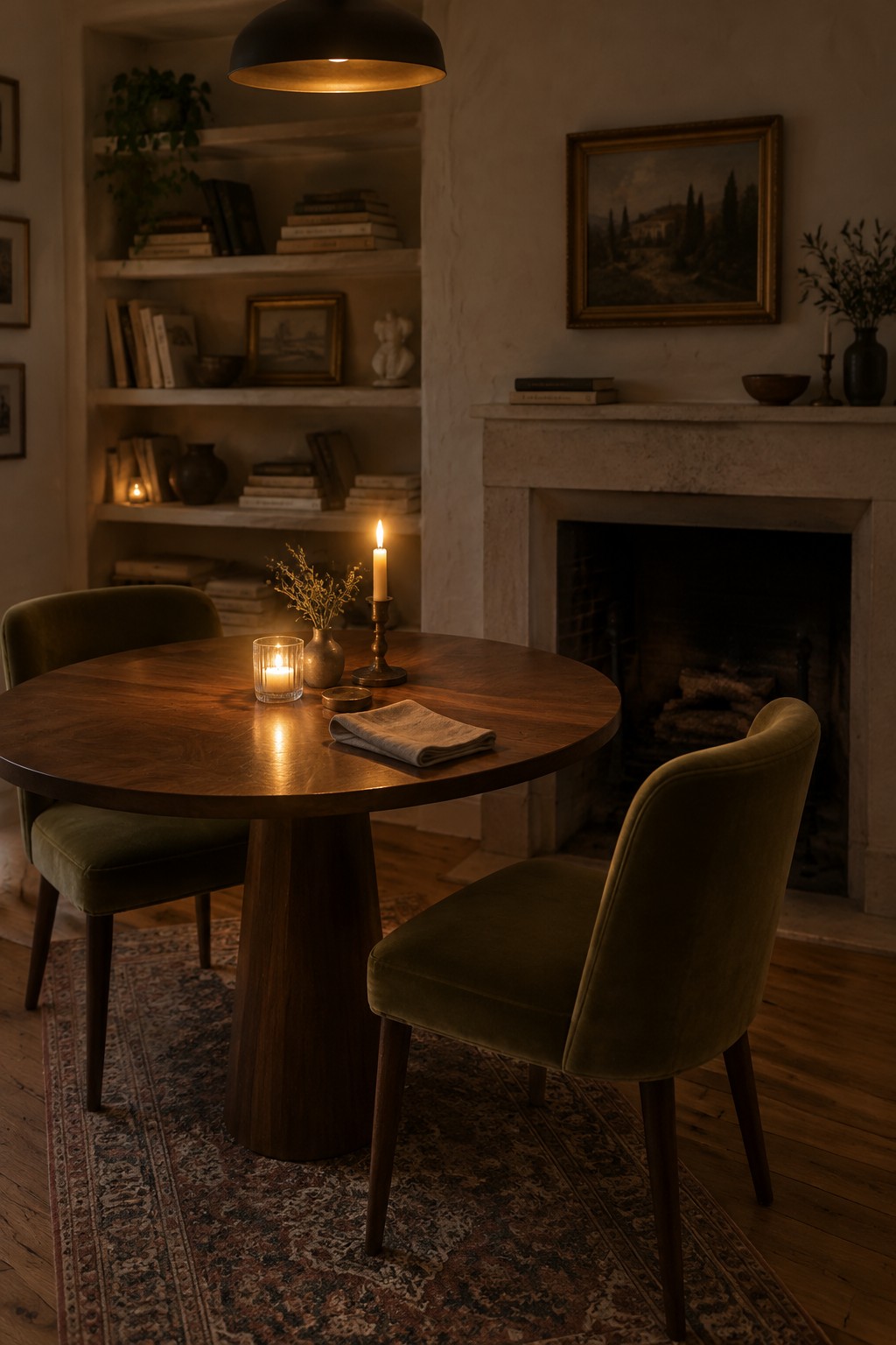 A round dark wood dining table with a pedestal base and two green upholstered chairs in a warm, dimly lit room.