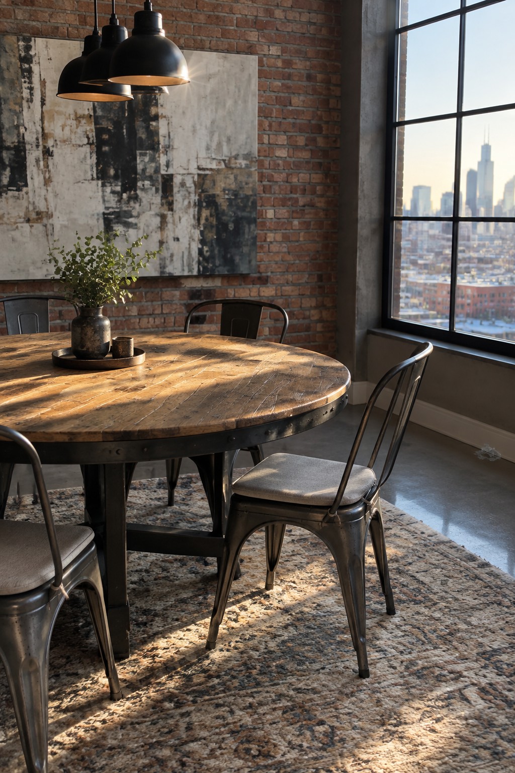 A round wood dining table with metal legs and metal chairs sits on a patterned rug in a brick-walled room.
