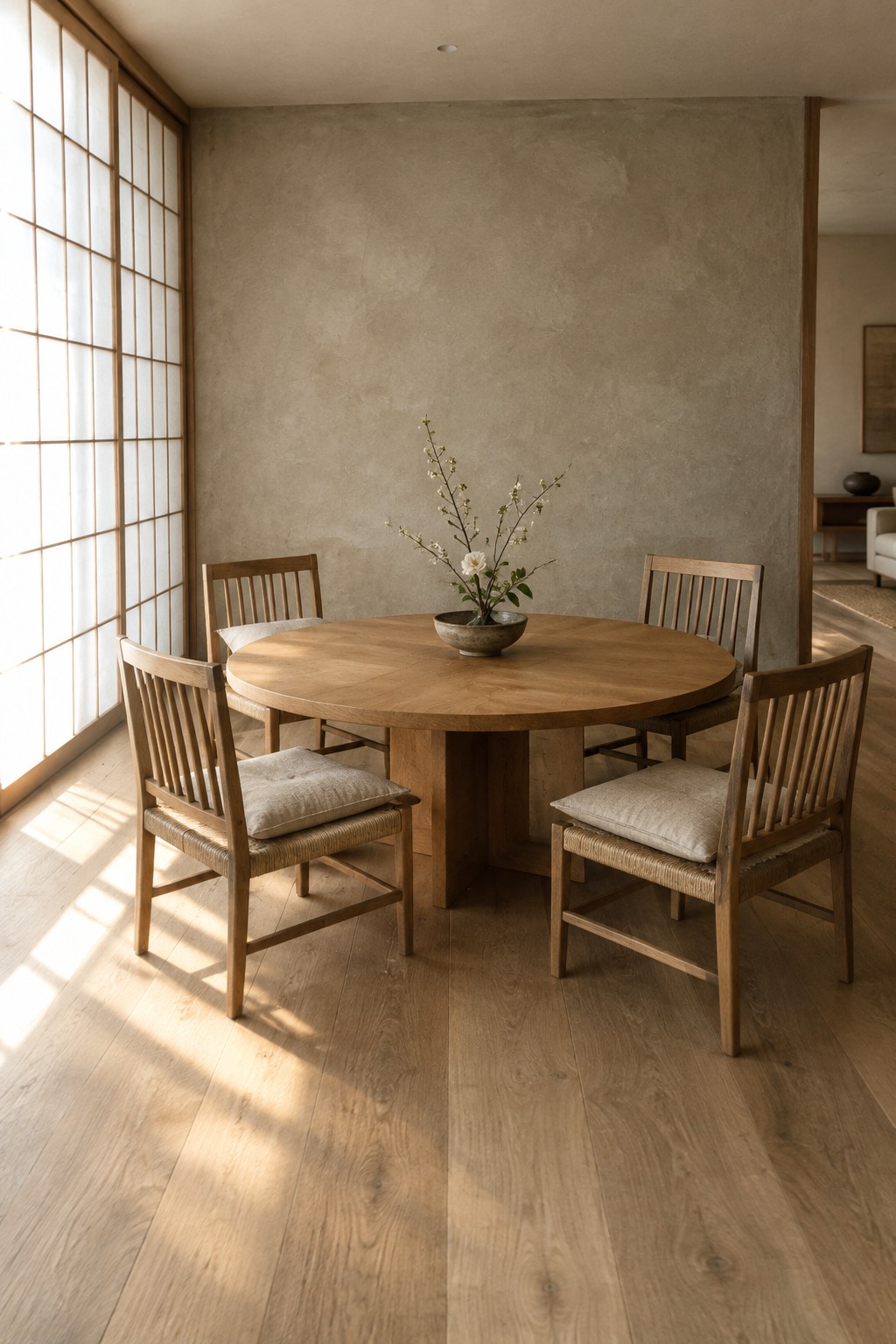 A round wooden dining table with four wooden chairs sits in a room with pale wood floors and shoji-style windows.