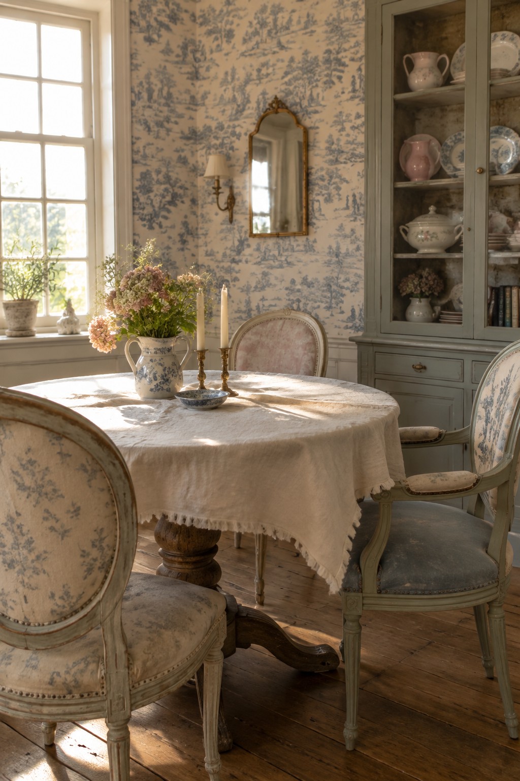 A round dining table with a cream cloth and floral centerpiece sits in a dining room with blue patterned wallpaper and upholstered chairs.