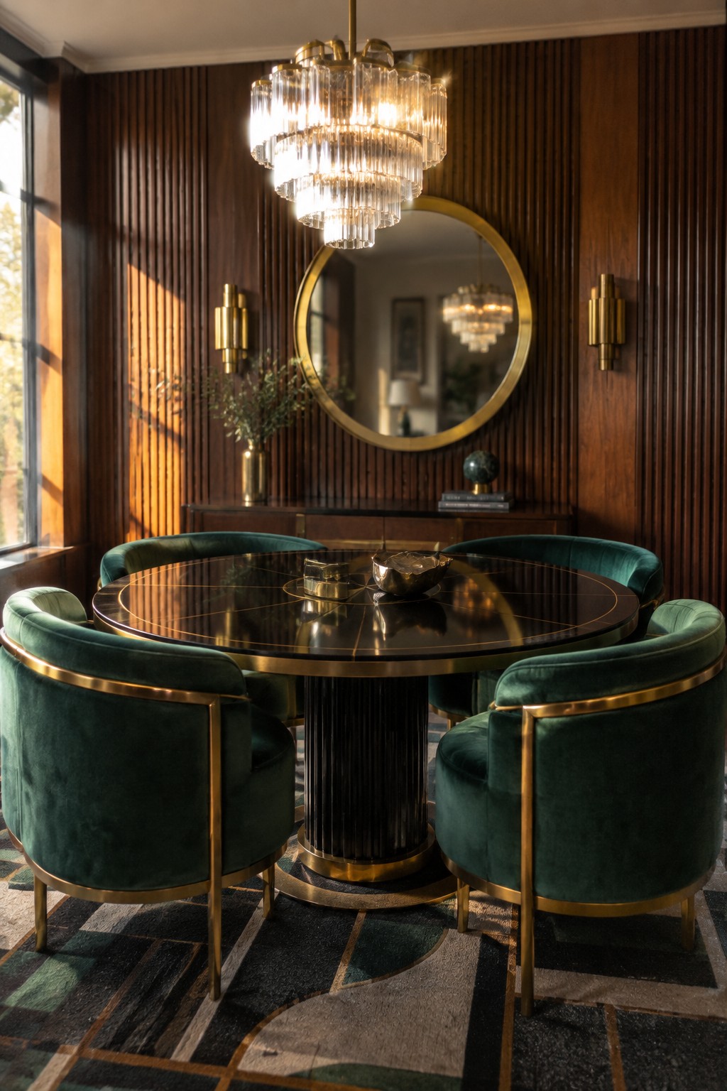 A round dark dining table is surrounded by green velvet chairs with gold trim in a room with wood slat walls.