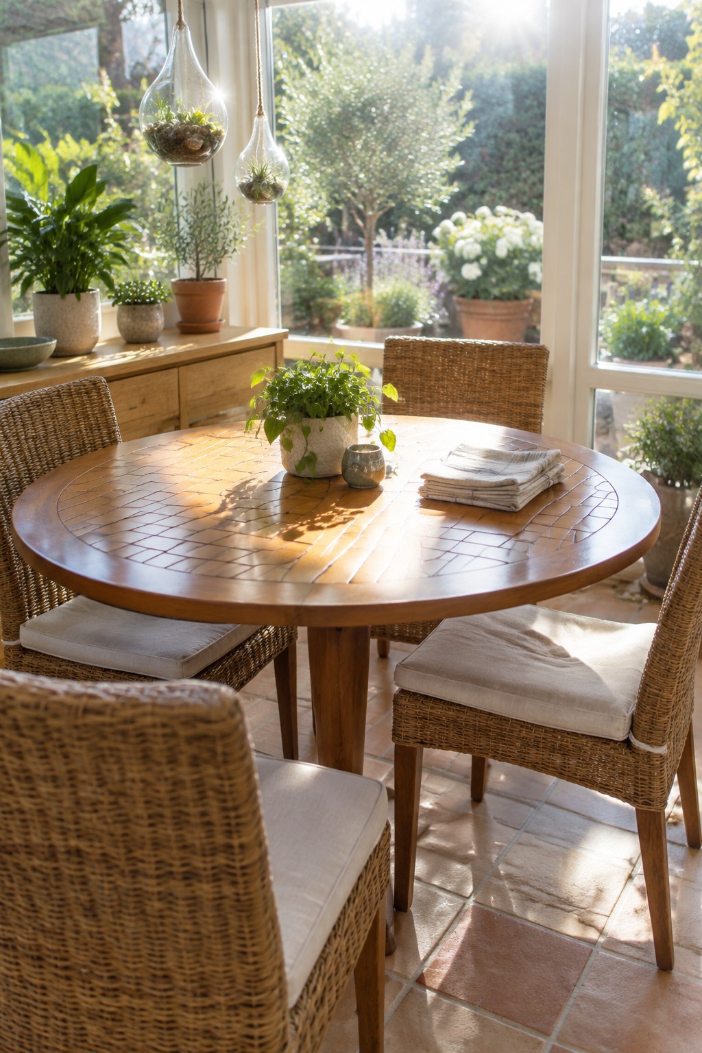 A round wooden dining table with a potted plant and folded linens, surrounded by wicker chairs with light cushions.