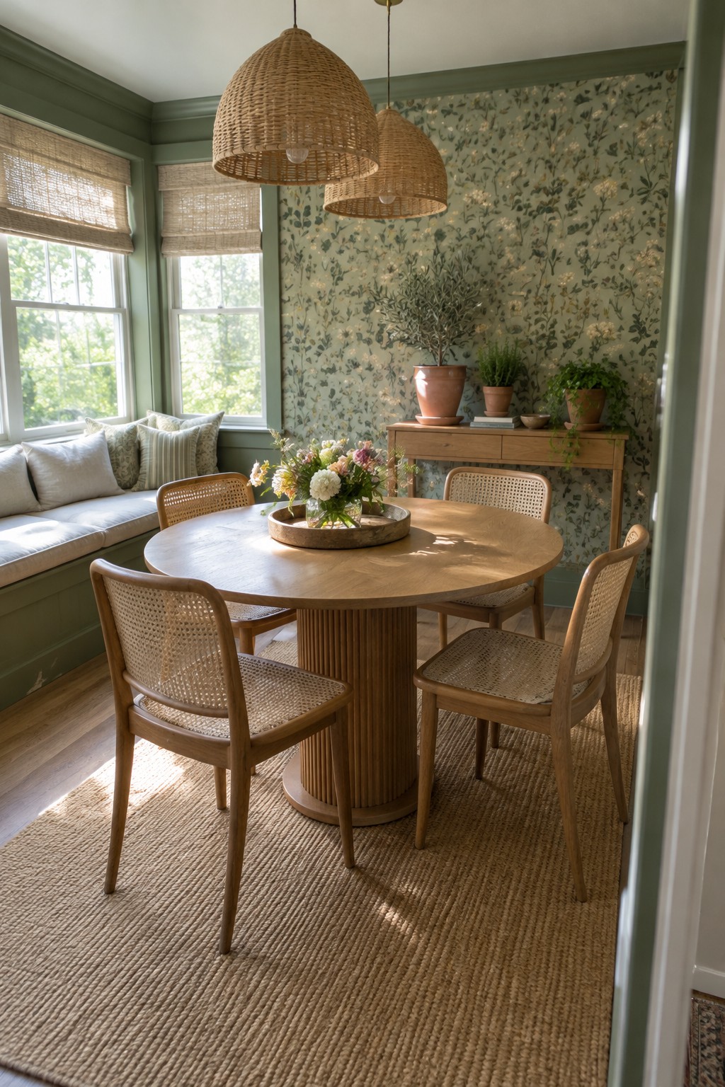 A round wood dining table surrounded by woven chairs in a dining nook with floral wallpaper and windows.