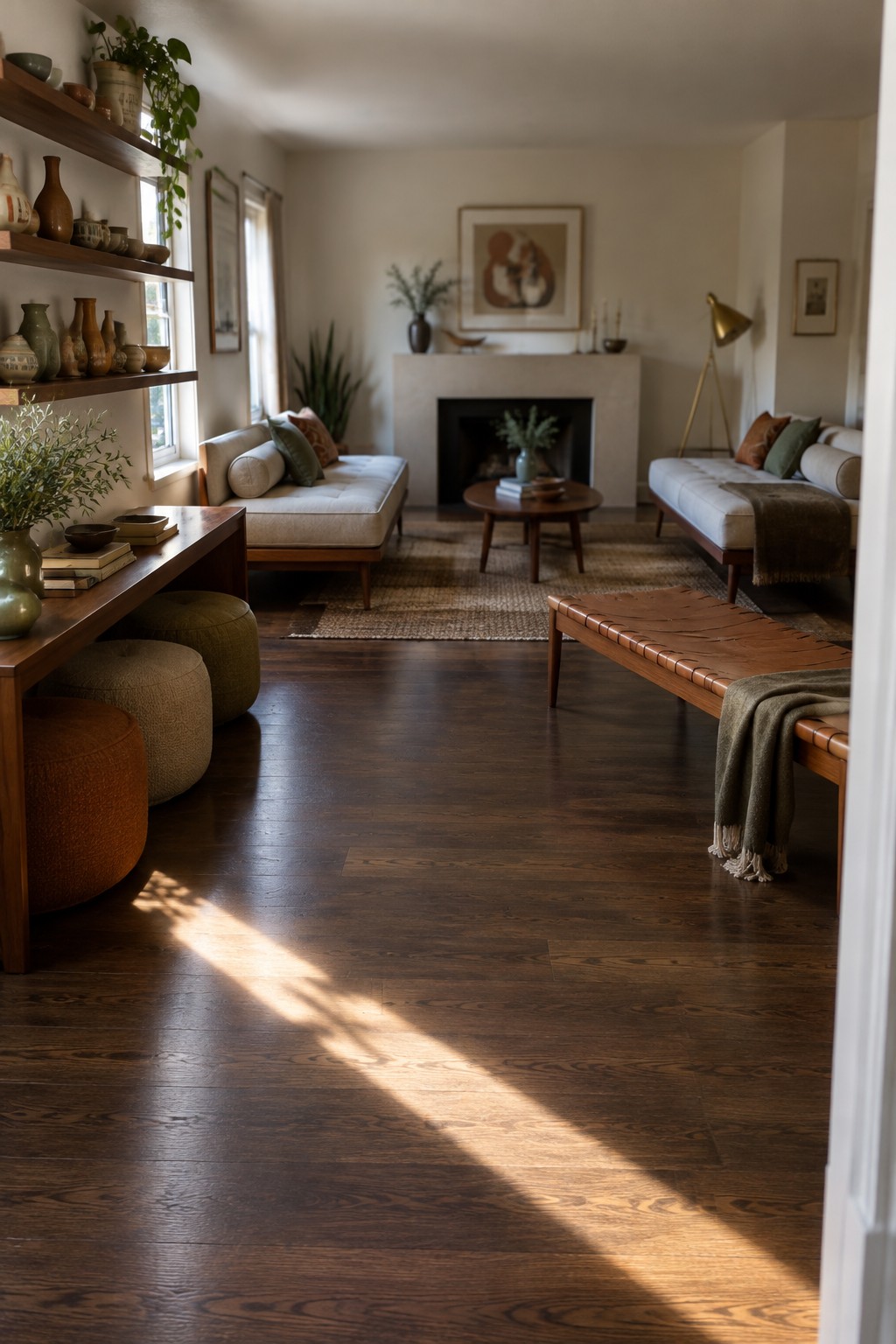 Two light sofas face each other across a round wooden coffee table in a living room.