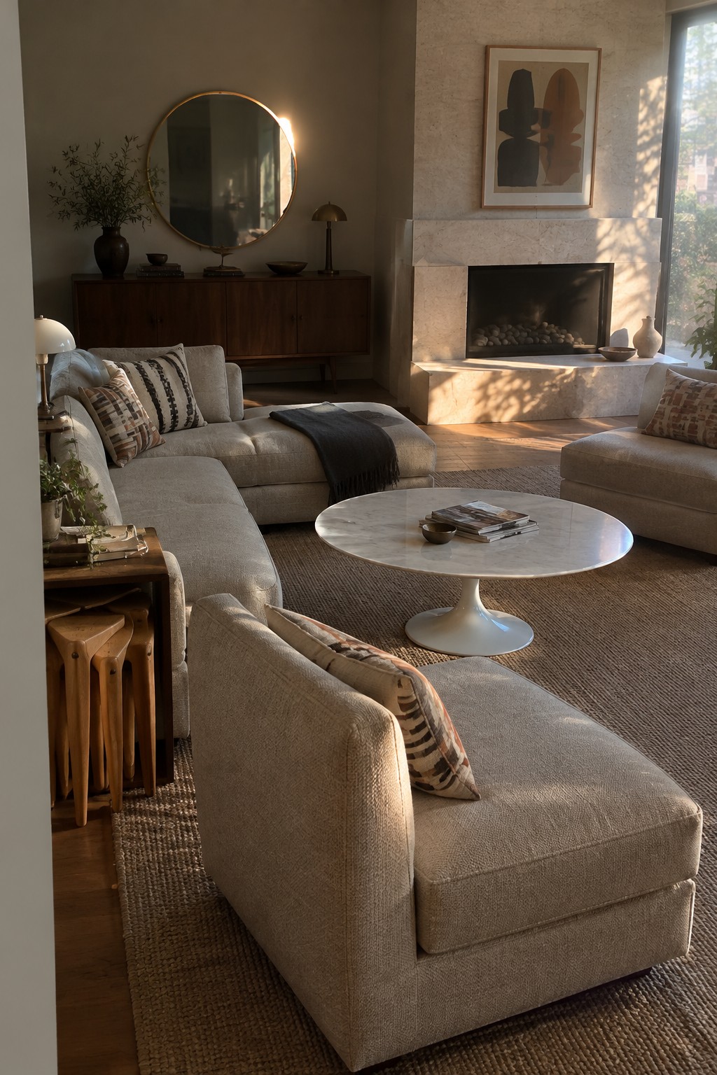 Two beige sofas face a round white coffee table in a living room with a fireplace, wood cabinet, and woven rug.