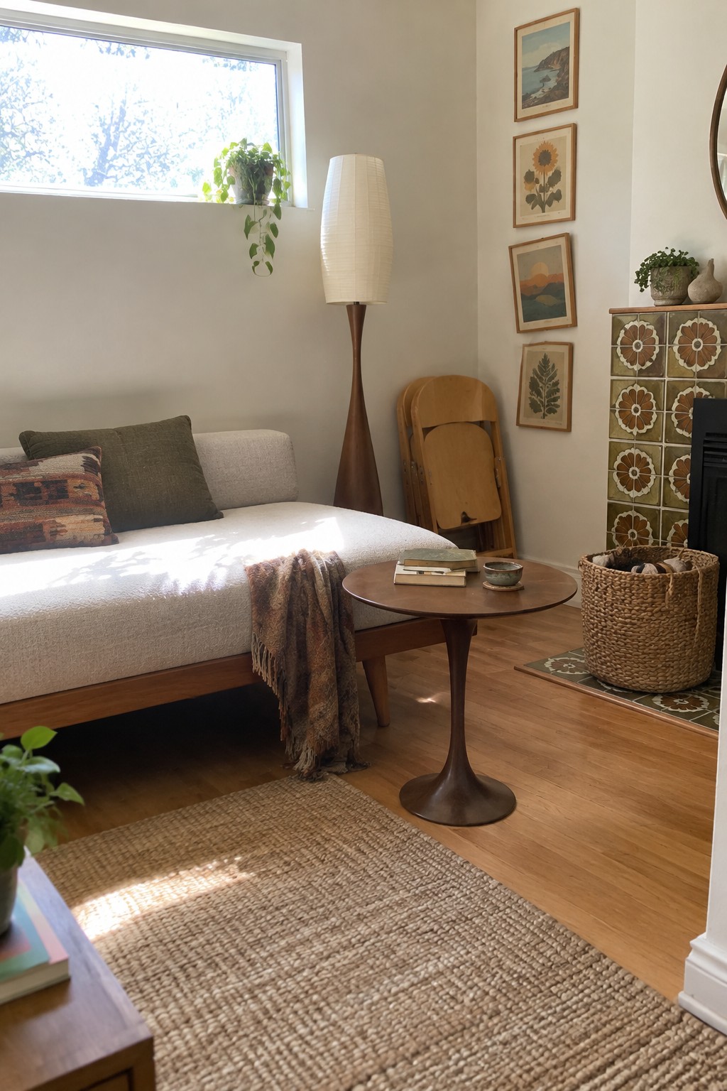 A white-cushioned wooden daybed sits beneath a window beside a round coffee table and a tall floor lamp.