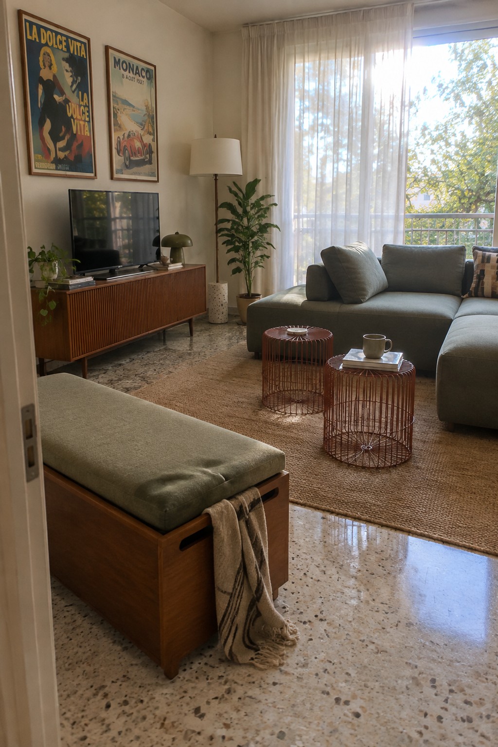 A cushioned wooden bench with a throw sits in front of a gray sectional sofa in a living room.