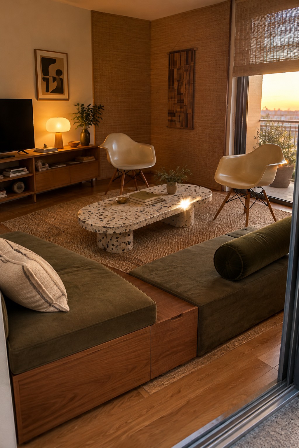 A living room with an olive-green sofa on a wood base, two white chairs, and a speckled oval coffee table.
