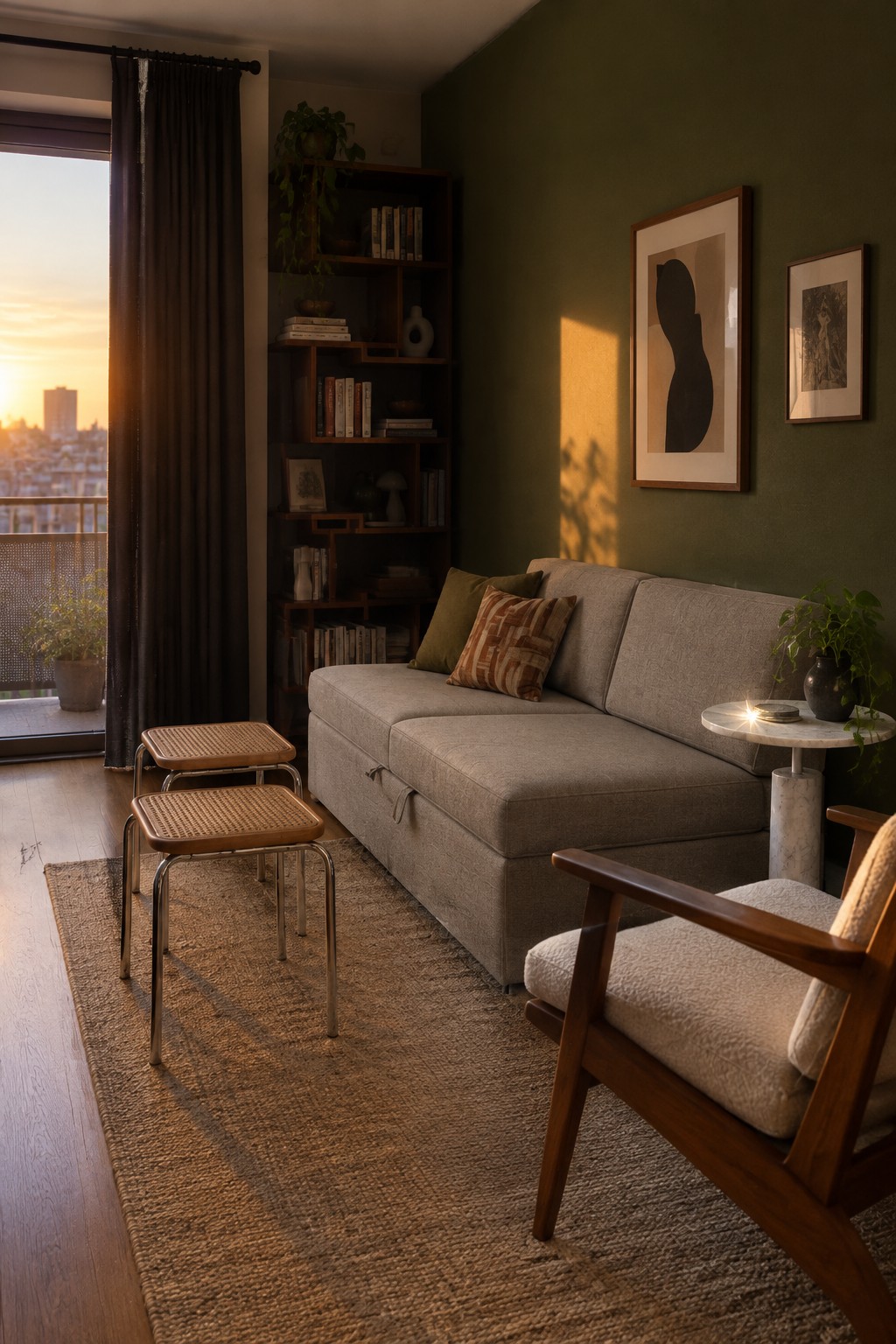 A beige sofa sits beside two cane-top nesting tables on a woven rug in a living room.