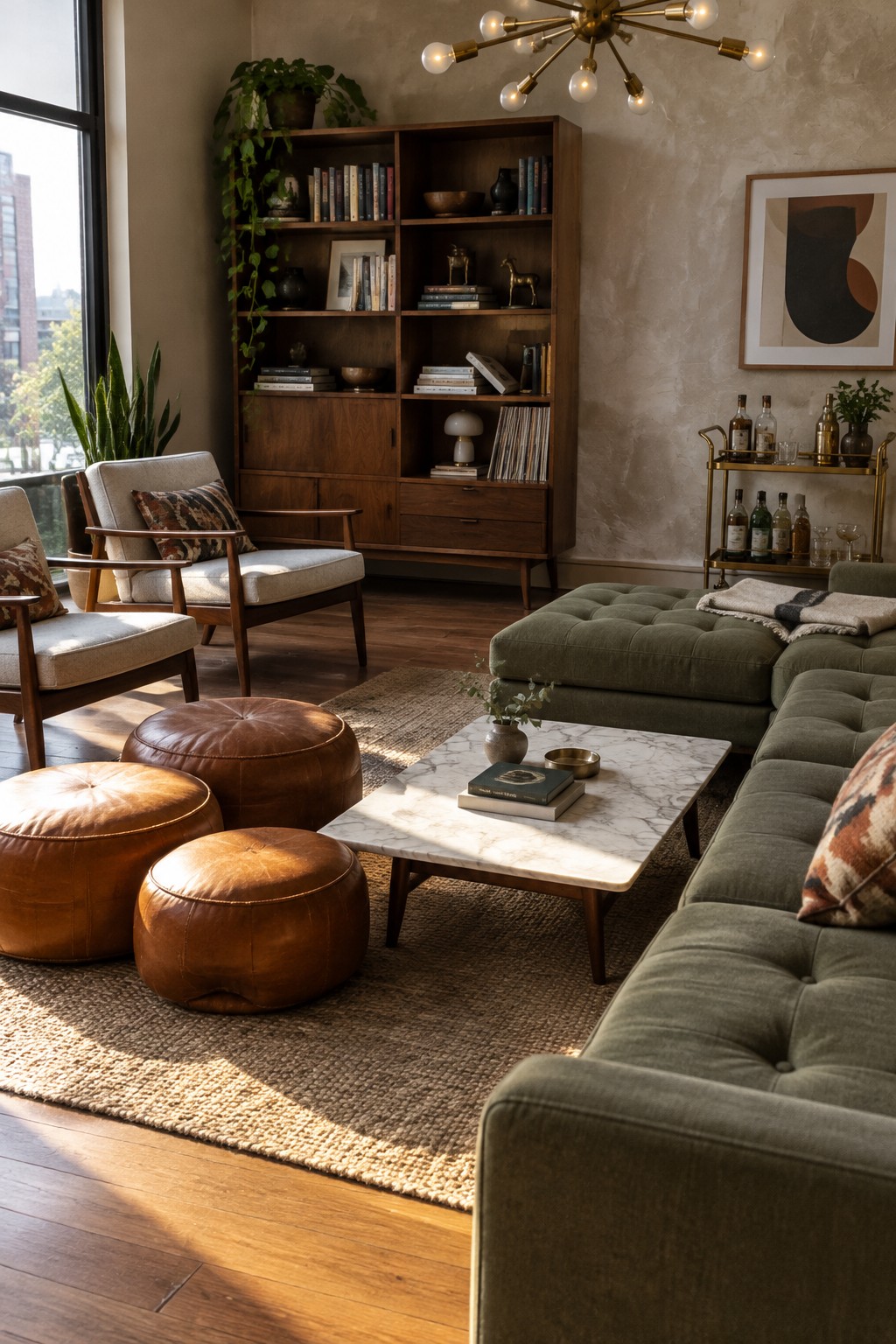 A living room with a green sectional, two armchairs, three round leather ottomans, and a marble coffee table.
