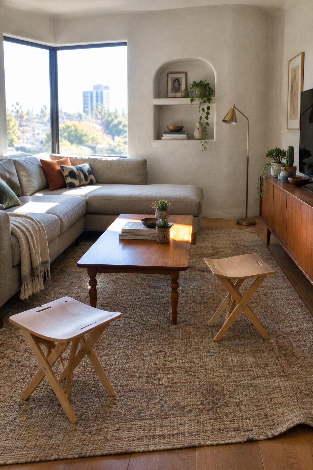 Two light wood folding stools sit on a patterned rug beside a coffee table in a living room with a gray sectional sofa.