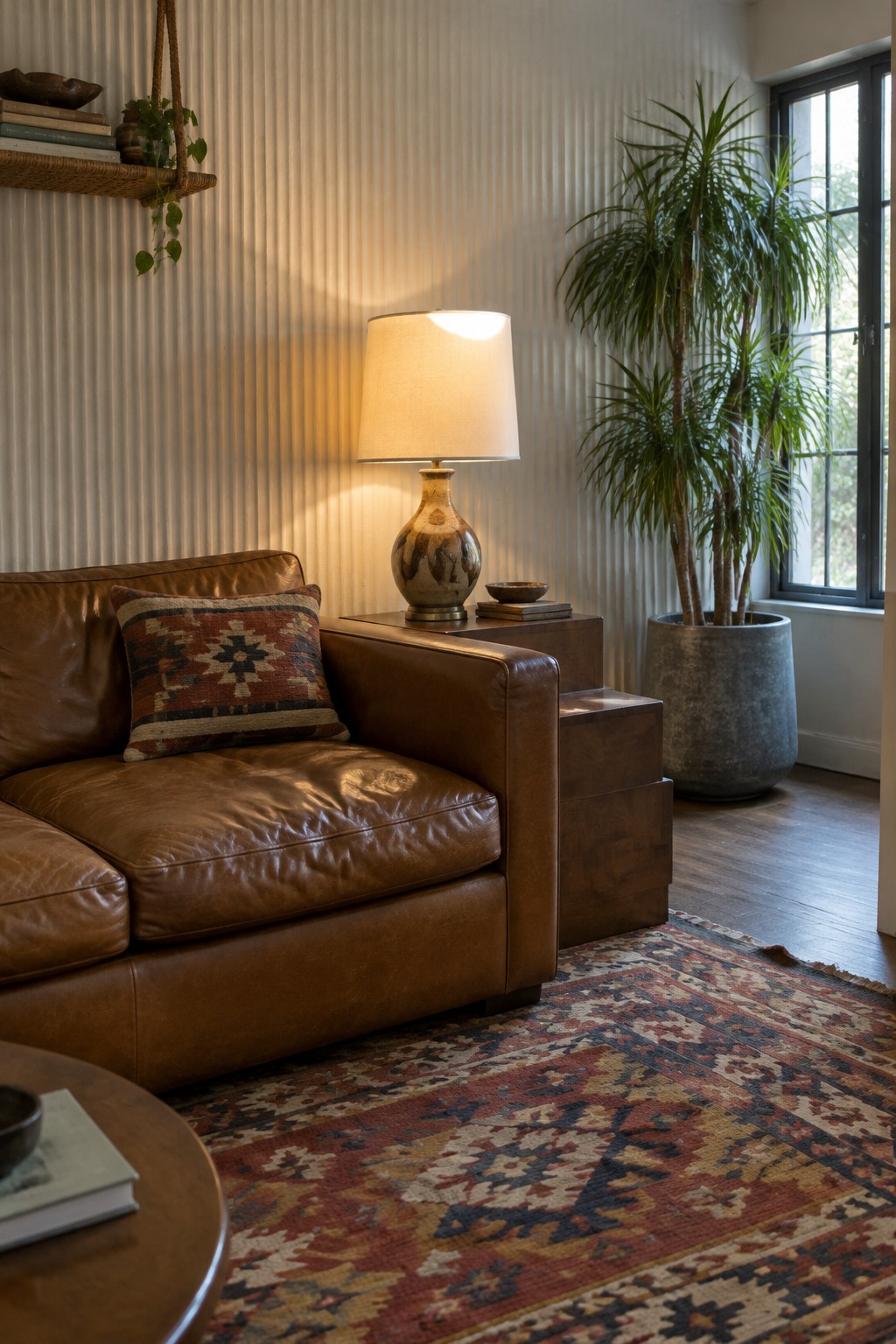 A brown leather sofa with a patterned pillow sits beside a wooden side table and lamp, with a patterned rug on the floor.