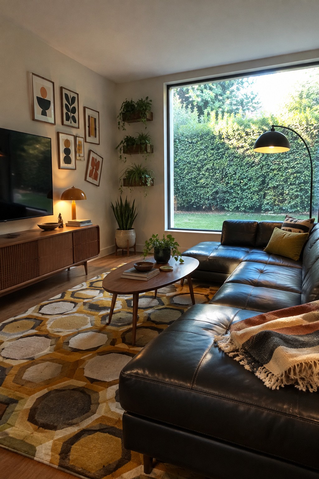 A dark leather sectional surrounds an oval wooden coffee table on a patterned rug in a living room.