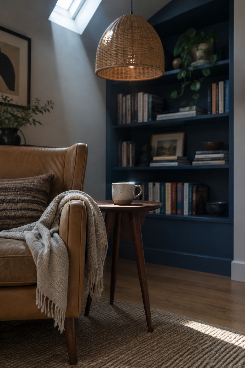 A tan leather armchair with a striped cushion and cream throw sits beside a small wooden table holding a mug.