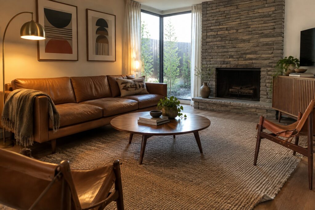 23 Cozy Mid Century Modern Living Room Ideas Using Leather Seating A brown leather sofa sits beside a round wood coffee table on a woven rug in a living room.