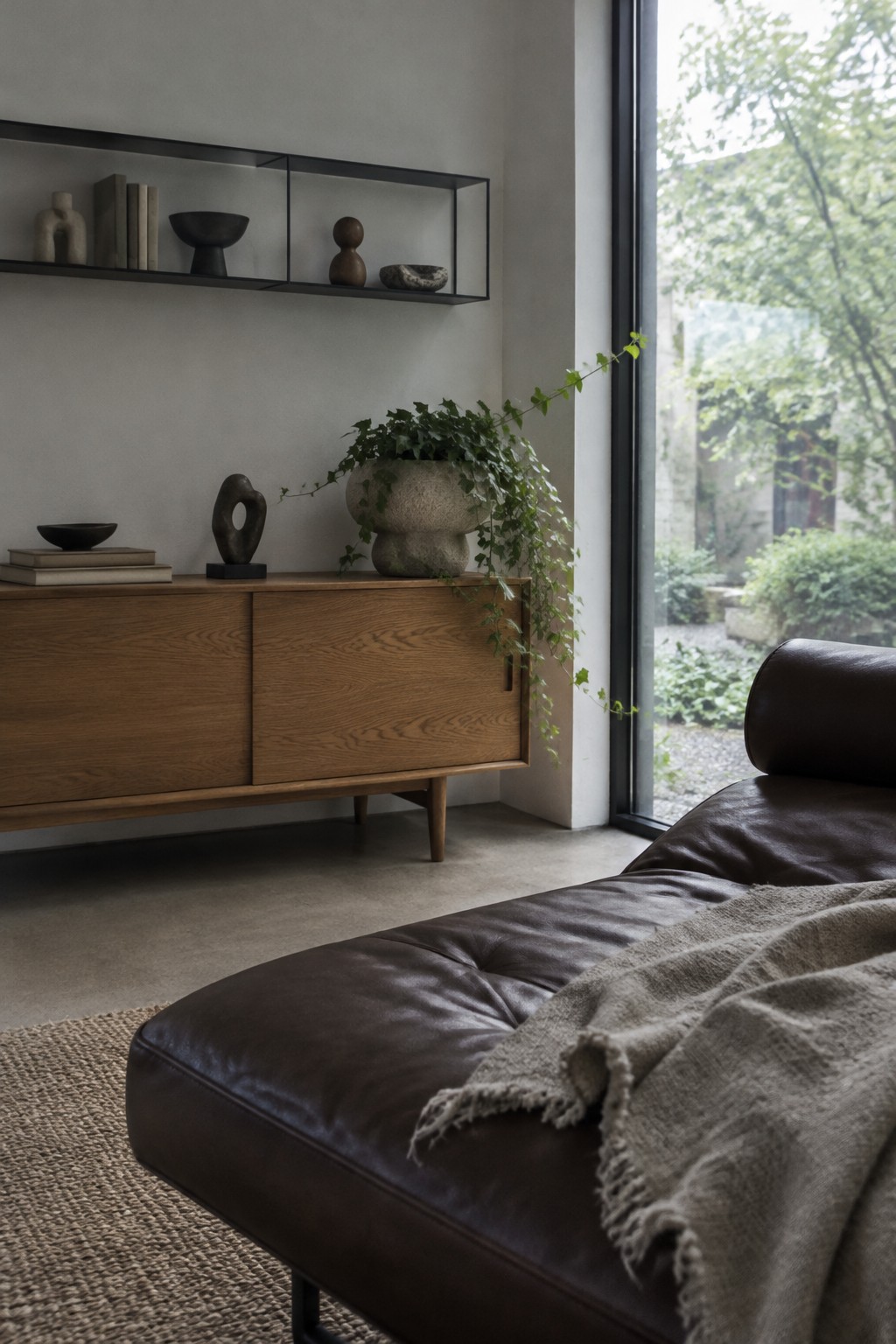 A dark brown leather chaise with a gray throw sits beside a woven rug in a living room.