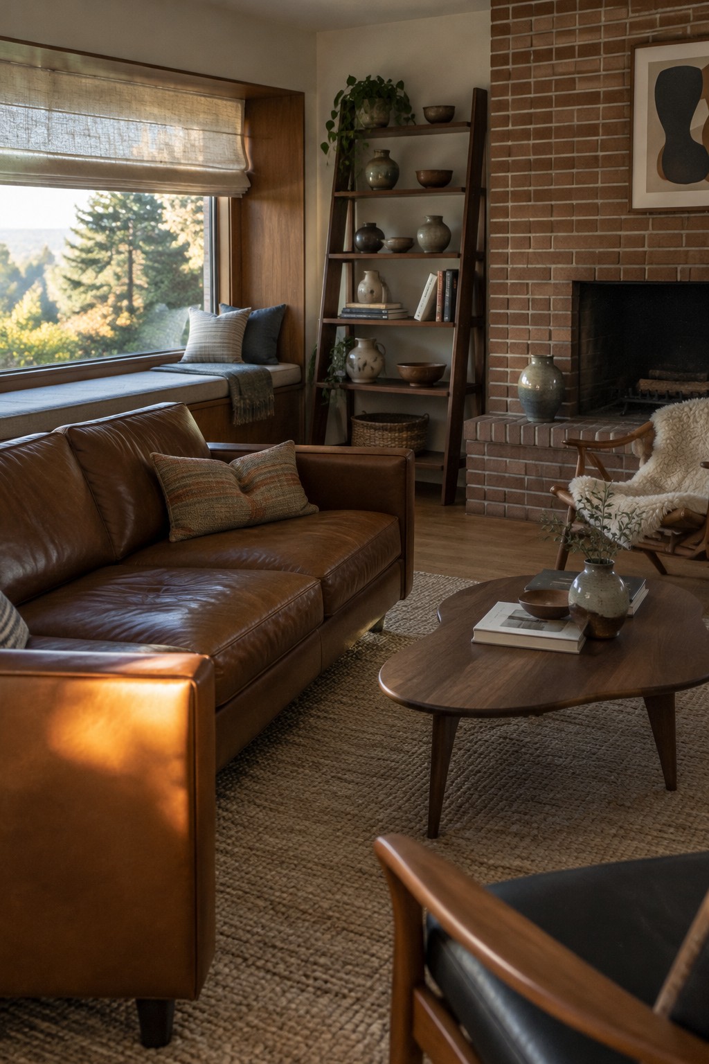 A brown leather sofa faces a low wooden coffee table in a living room with a woven rug, window seat, and brick fireplace.