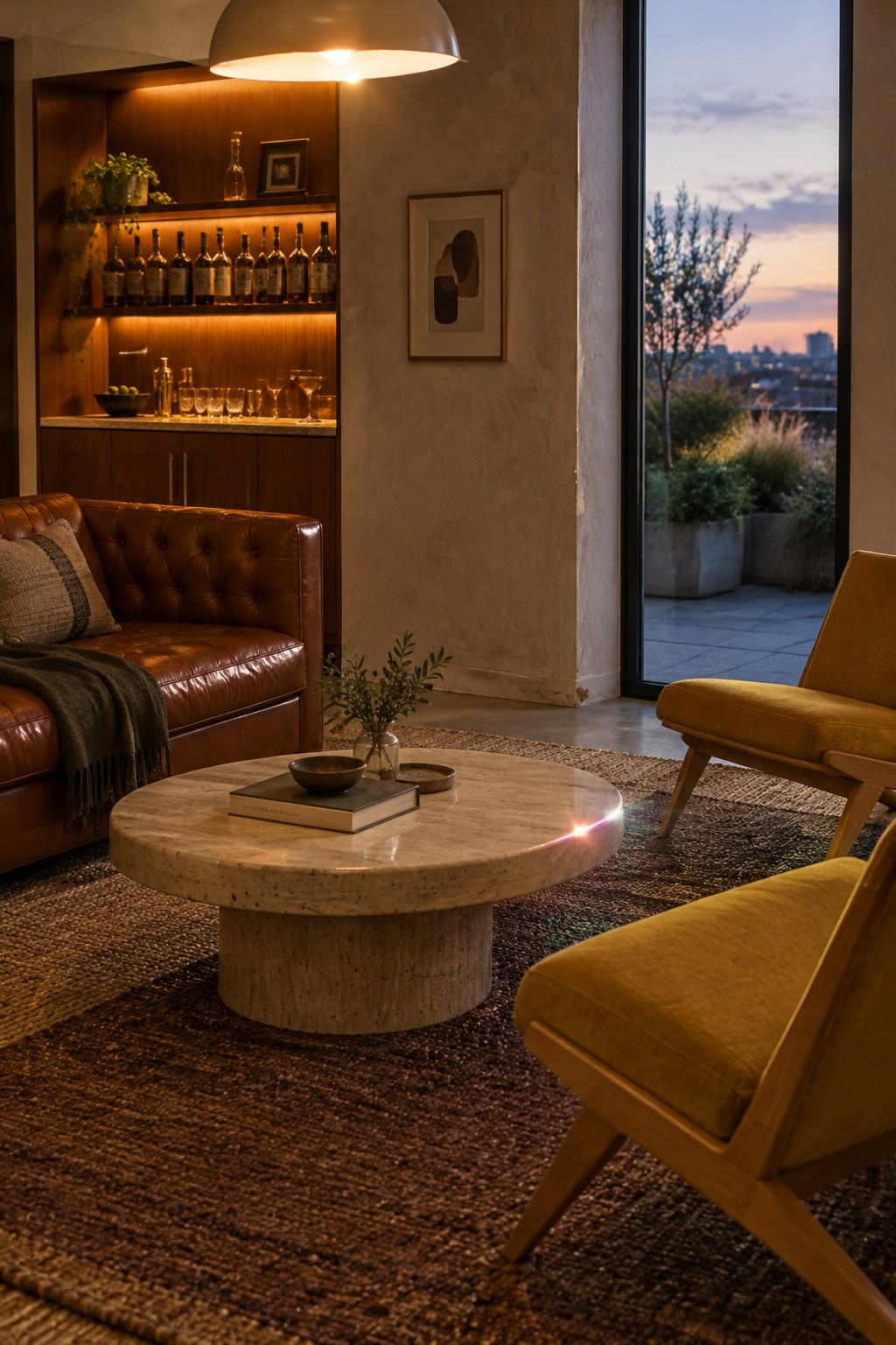 A brown leather sofa and two mustard-yellow chairs surround a round stone coffee table in a living room.