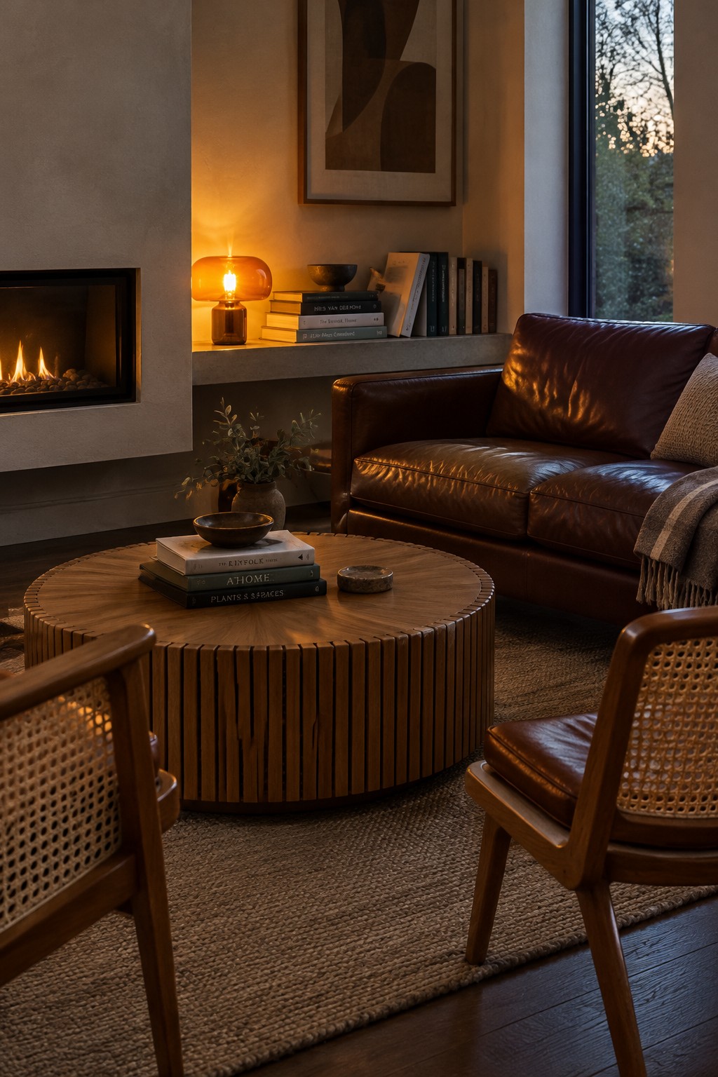 A round slatted wood coffee table sits between a brown leather sofa and two cane-backed chairs.