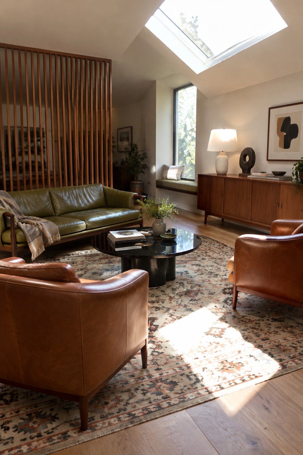 A mid-century modern living room with an olive leather sofa, two cognac leather armchairs, and a round coffee table on a patterned rug.