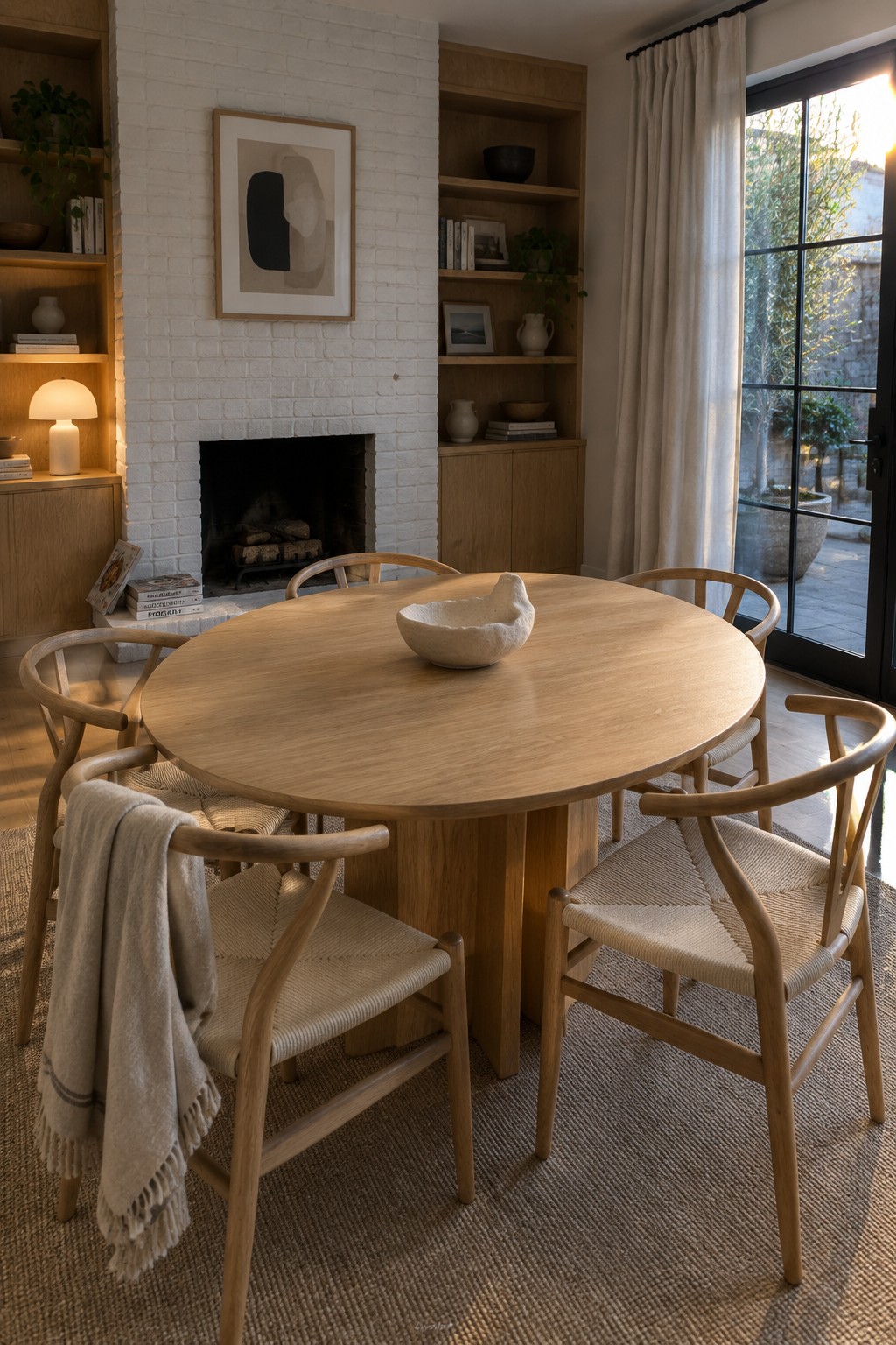 A round light wood dining table surrounded by woven-seat wooden chairs in a room with a white brick fireplace and built-in shelves.
