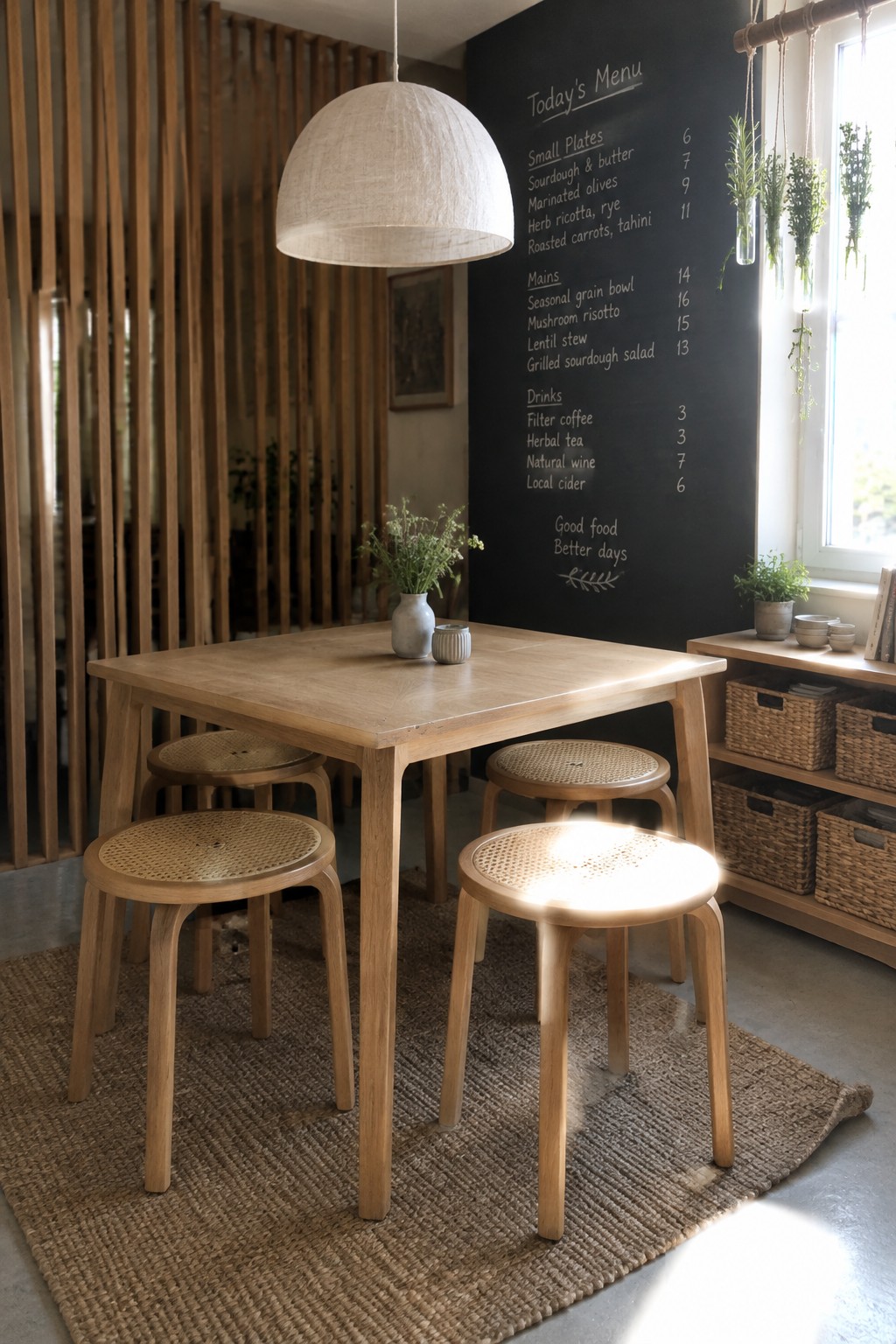 A light wood dining table with round woven-seat stools on a woven rug beside a chalkboard menu.