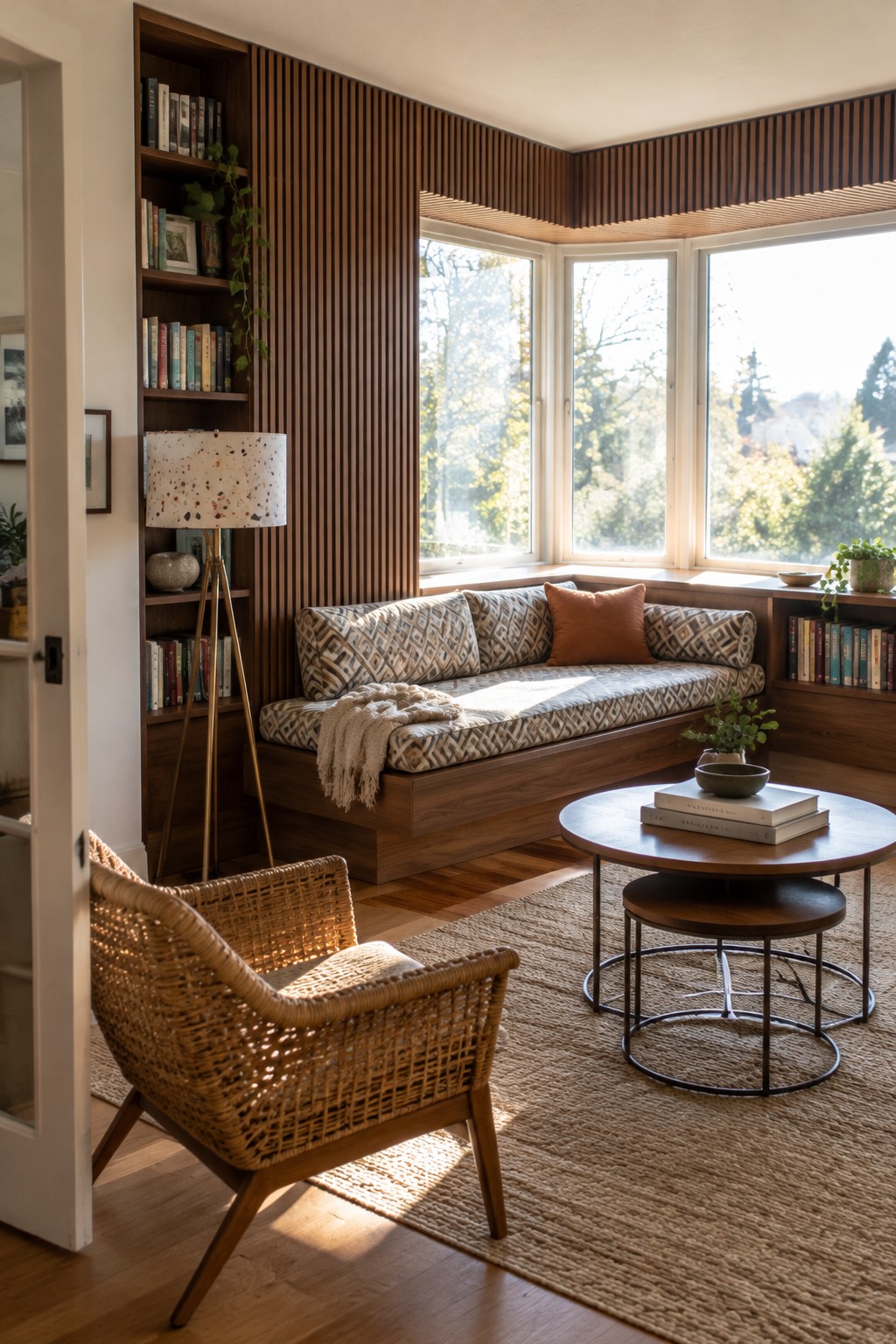 A living room with a built-in sofa upholstered in geometric fabric, wood slat walls, and a round coffee table.